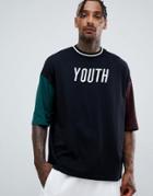 Asos Design Oversized T-shirt With Youth Embroidery And Contrast Half Sleeve - Black