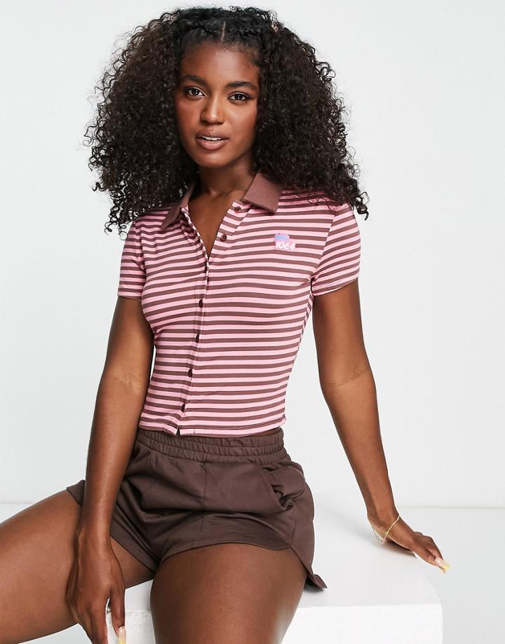 Urban Revivo Button Up Polo Top With Flower Badge In Stripe-pink