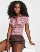 Urban Revivo Button Up Polo Top With Flower Badge In Stripe-pink