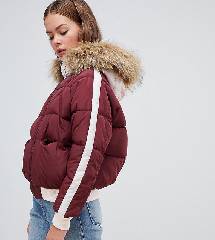 Boohoo Padded Jacket With Side Stripe And Faux Fur Hood In Burgundy - Red