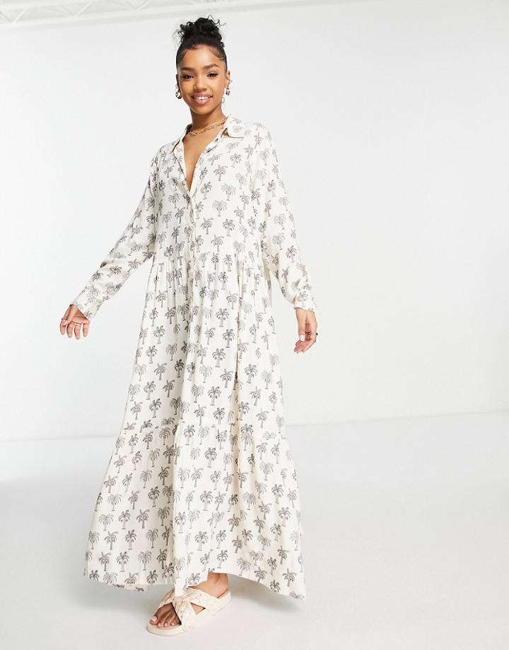 Monki Long Sleeve Midi Smock Shirt Dress In White Palm Tree Print