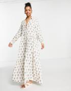 Monki Long Sleeve Midi Smock Shirt Dress In White Palm Tree Print