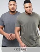 Asos Plus 2 Pack Longline T-shirt In Charcoal Marl/green Save - Multi