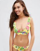 Asos Fuller Bust Exclusive Yellow Tropical Print Cut Out Supportive Triangle Bikini Top Dd-g - Yellow Tropical