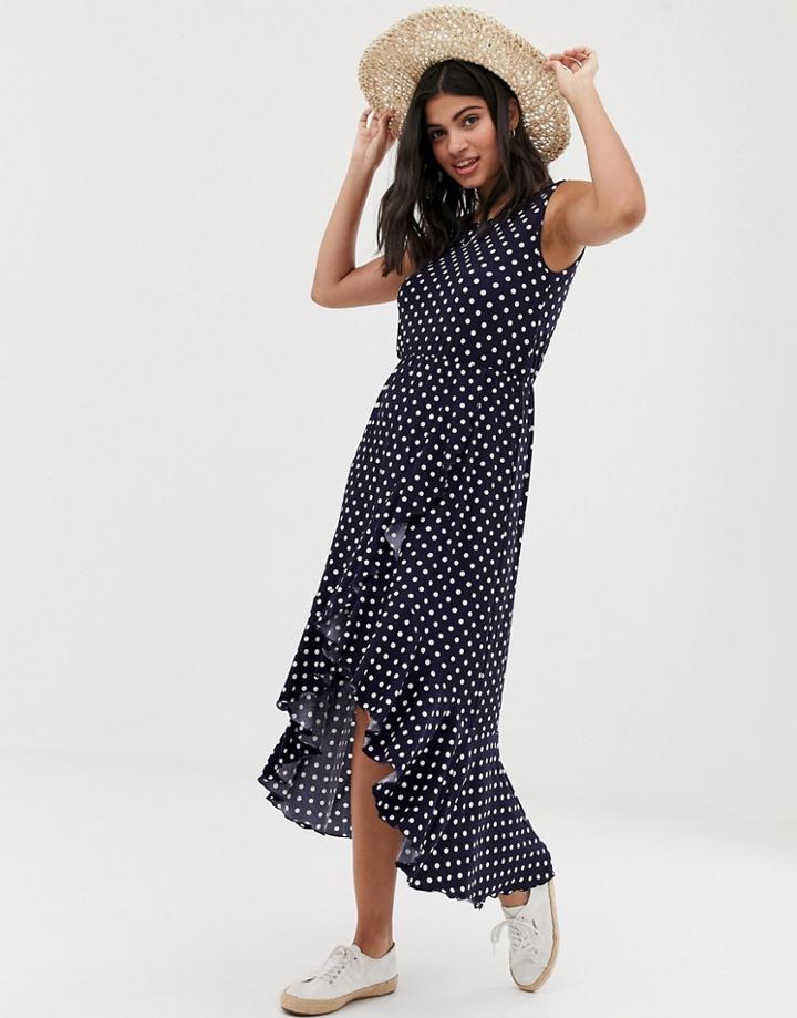 Qed London Frill Hem Midi Wrap Dress In Navy Polka Dot - Multi