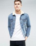 New Look Denim Jacket With Fleece Collar In Mid Wash - Blue