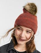 Boardmans Ribbed Knitted Hat With Metallic Yarn And Faux Fur Pom In Red