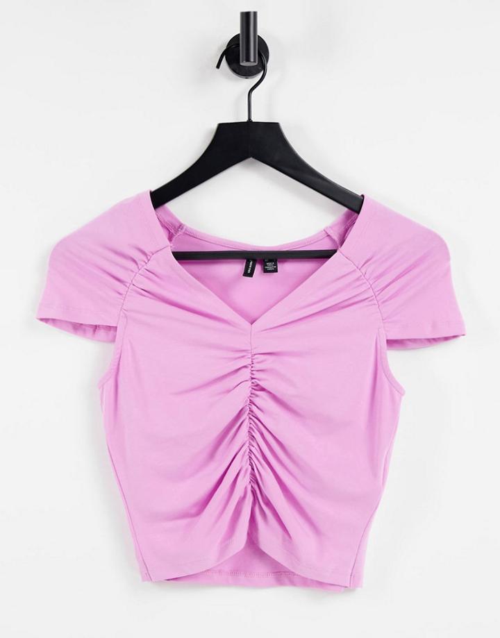 Vero Moda Organic Cotton Blend Ruched V Neck T-shirt In Pink-purple