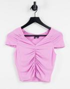 Vero Moda Organic Cotton Blend Ruched V Neck T-shirt In Pink-purple