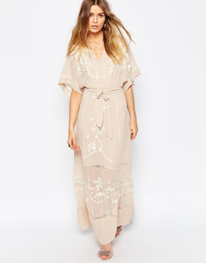 Asos Premium Embroidered Kimono Maxi Dress - Nude
