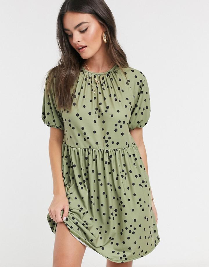 Asos Design Mini Smock Dress With Gathered Neck In Khaki Spot Print-green