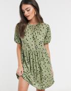 Asos Design Mini Smock Dress With Gathered Neck In Khaki Spot Print-green