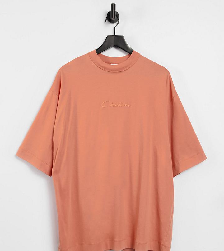 Collusion Embroidered Print Oversized T-shirt In Peach-orange