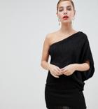 Asos Design Petite One Shoulder Mini Shift Dress In Glitter Plisse-black