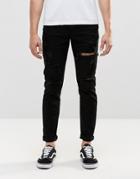 Dr Denim Clark Slim Jeans Black Ripped Knee And Thigh - Black