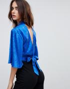 Fashion Union High Neck Crop Top With Tie Back - Blue