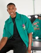 Bershka Back Print Zip Thru Shirt In Green
