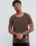 Asos Super Longline T-shirt With Acid Wash And Distressing In Chestnut - Chestnut