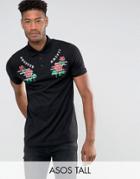 Asos Tall Polo With Floral Embroidery And Text Print - Black