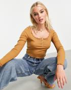 Miss Selfridge Long Sleeve Wide Scoop Neck Button Detail Top-neutral