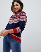 Asos Design Christmas Sweater In Vintage Fairisle - Navy