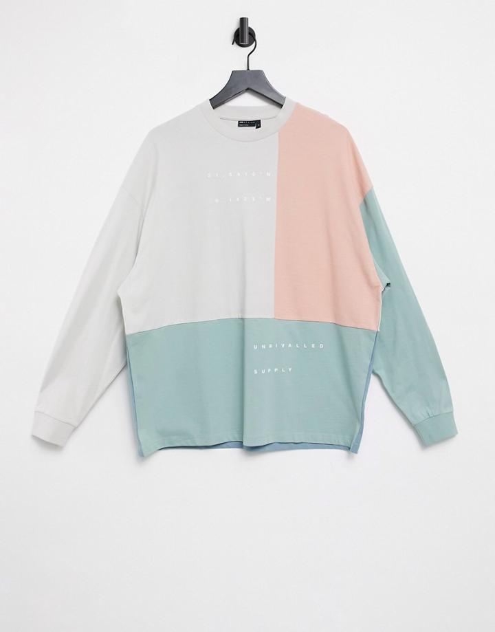 Asos Unrvlld Spply Oversized Heavyweight Long Sleeve T-shirt With Cut And Sew Color Block-green