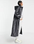 Asos Design Leather Look Longline Parka Coat In Dark Gray-black