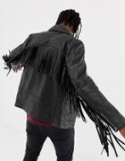 Asos Design Leather Biker Jacket With Tassel Detail In Black