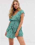 Stradivarius Str Ditsy Floral Frill Detail Mini Dress In Green - Green