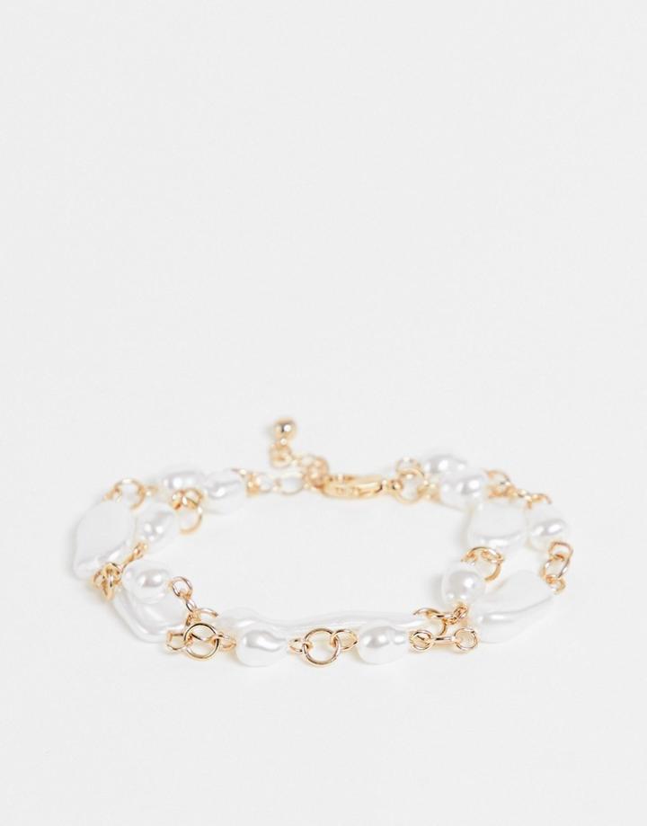 Asos Design Multirow Bracelet With Freshwater Pearl In Gold Tone