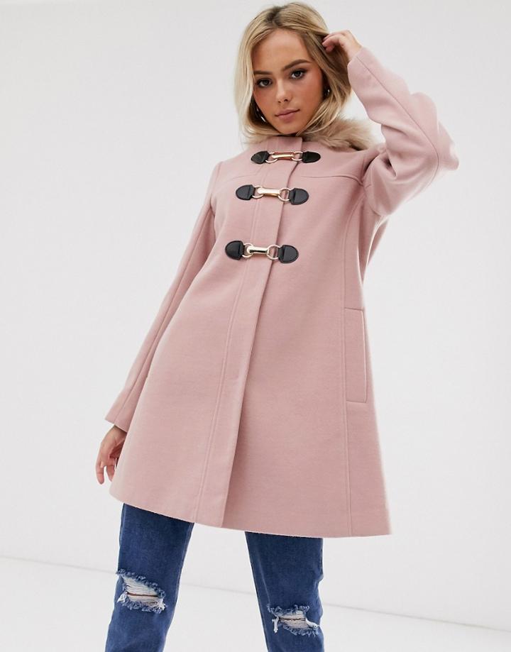 Asos Design Duffle With Swing Skirt And Metal Work Coat In Pink - Pink
