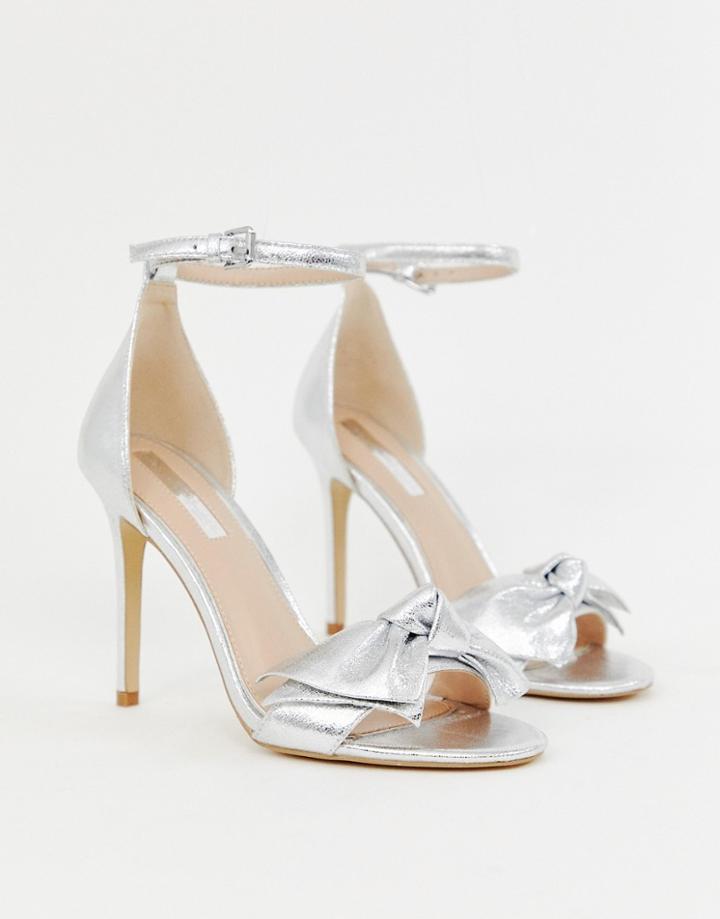 Miss Selfridge Heeled Sandals With Bow Detail In Silver - Silver