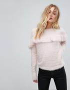 Fashion Union Sweater With Frill In Fluffy Knit - Pink