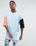 Asos Oversized Super Longline T-shirt With Mis-match Sleeves - Blue