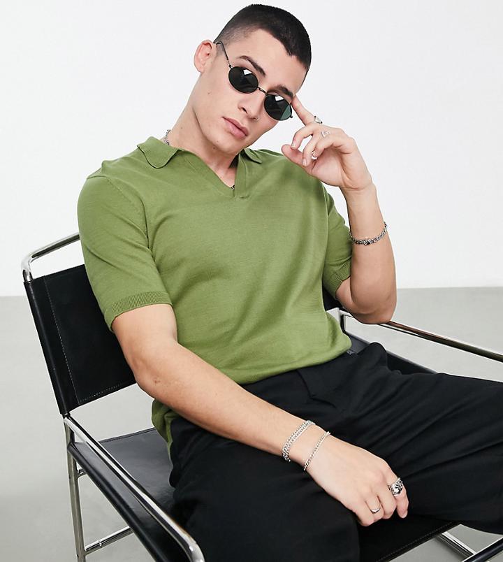 Asos Design Knitted Notch Neck Polo Shirt In Green