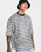Asos Design Oversized Stripe Velour T-shirt In Black & White