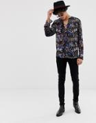 Asos Design Regular Fit Shirt In Paisley With Lace Up Front - Navy