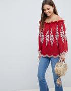 Qed London Off Shoulder Embroidered Top - Red