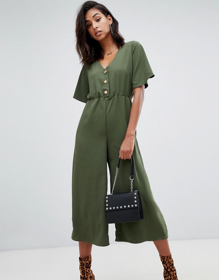Boohoo Button Down Culotte Jumpsuit In Khaki - Green