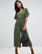 Boohoo Button Down Culotte Jumpsuit In Khaki - Green
