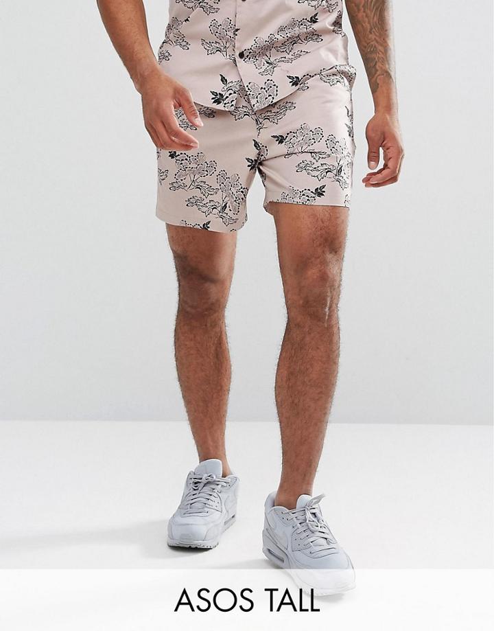 Asos Tall Co-ord Slim Shorts With Peony Print In Pink - Green