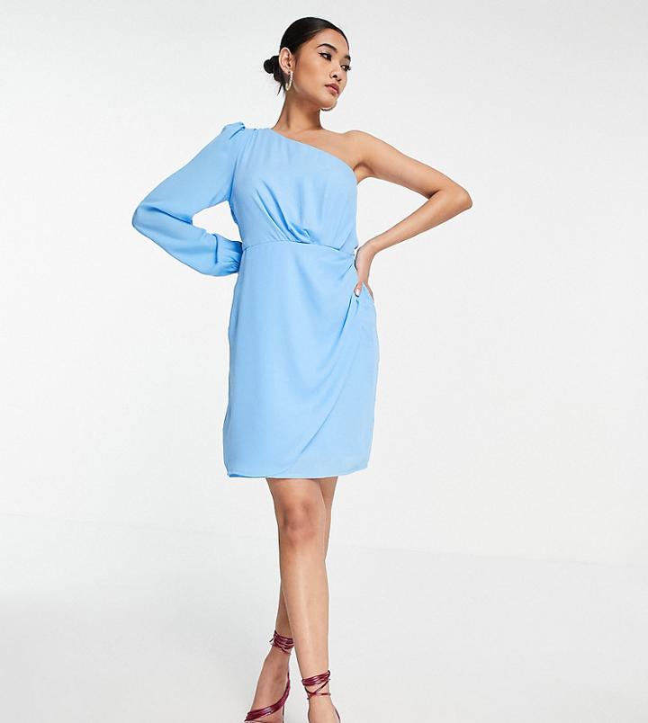 Vila Exclusive One Shoulder Mini Wrap Dress In Bright Blue