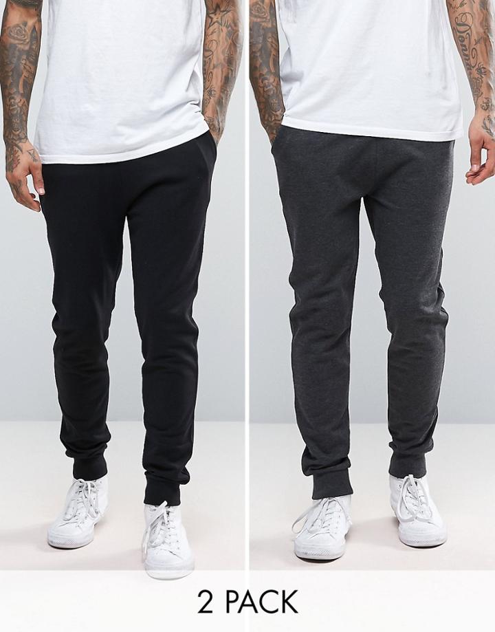 Asos Skinny Joggers In Charcoal Marl/black 2 Pack Save - Multi