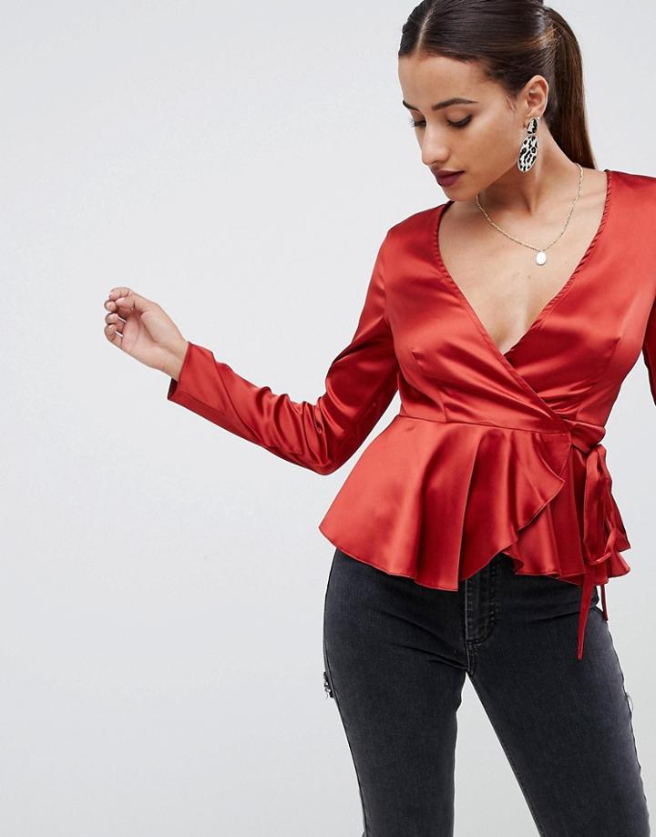 Asos Design Wrap Top In Satin With Pephem - Orange