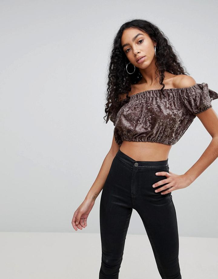 Love Crushed Velvet Bardot Crop Top - Green