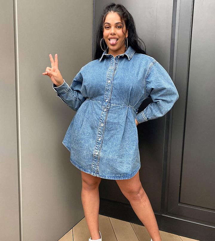 Asos Design Curve Oversized Belted Shirt Dress In Midwash Blue