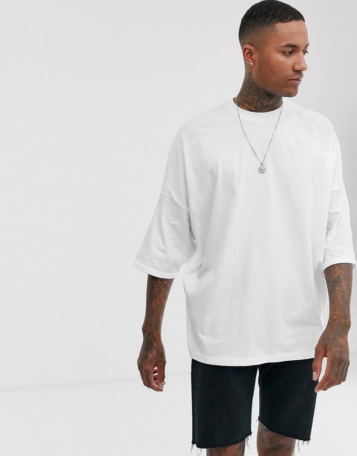 Asos Design Extreme Oversized Longline T-shirt With Roll Sleeve In White