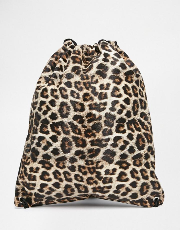 Asos Drawstring Backpack In Leopard Print - Black