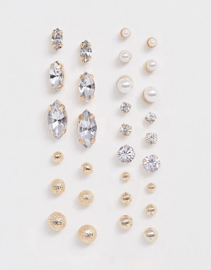 Asos Design Pack Of 15 Earrings With Mixed Pearl Ball And Crystal Studs In Gold Tone - Gold