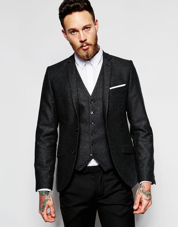 Heart & Dagger Herringbone Suit Jacket In Skinny Fit - Charcoal